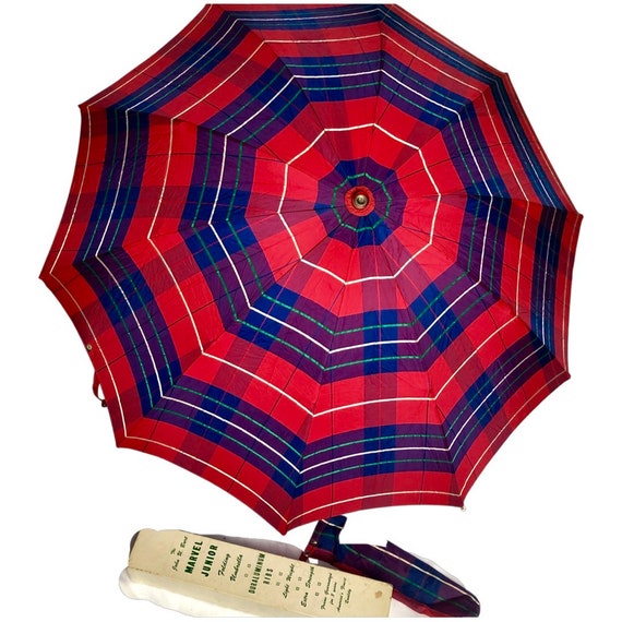 60s Plaid Umbrella Carved Lucite Handle In Box Re… - image 1