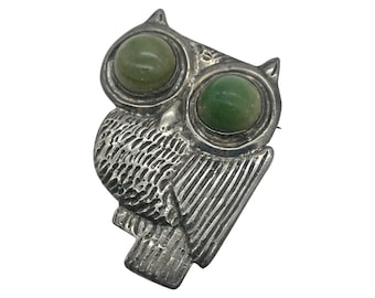 Spratling Design Owl Brooch Sterling Silver Jade Eyes / Pre Eagle Mexican Jewelry