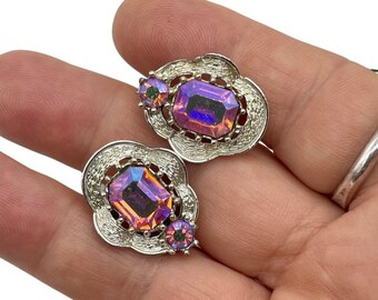 Vintage Pink Rhinestone Earrings Clip On Coro & Bead Mid Century Jewelry