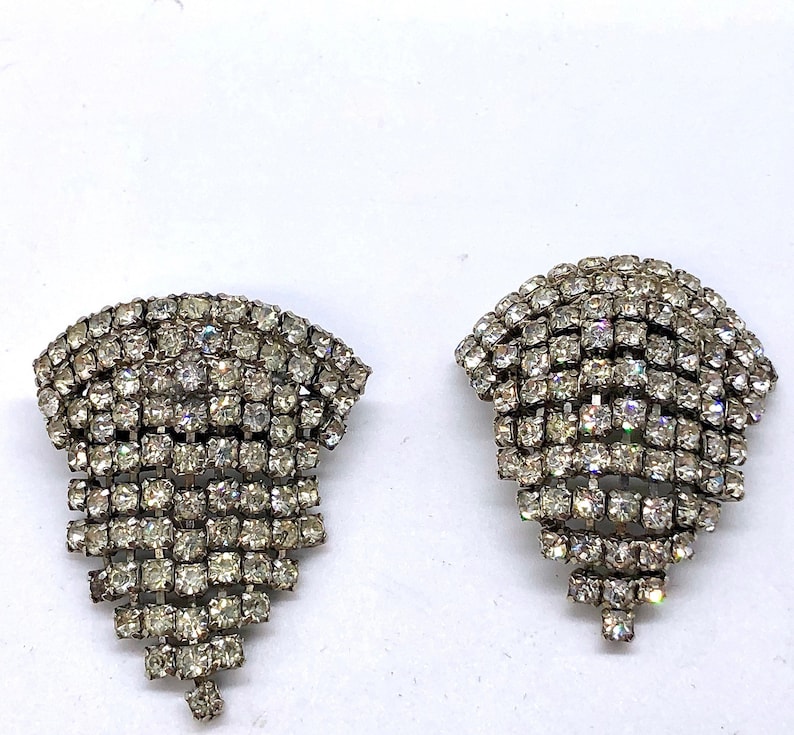 Vintage MUSI Rhinestone Shoe Clips Mid Century Silver Tone