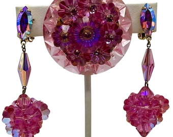 Pink Rhinestone Jewelry Set Chandelier Earrings & Brooch