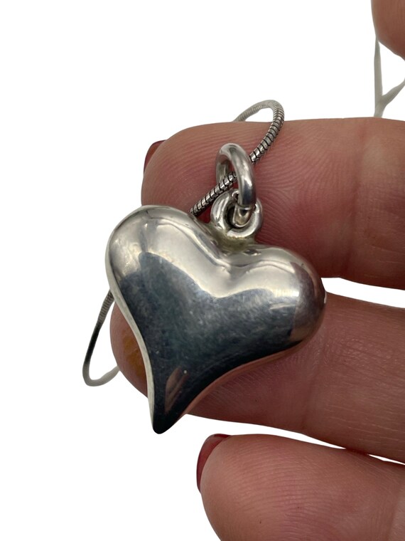 Solid Sterling Silver Puffy Heart Pendant Necklac… - image 3