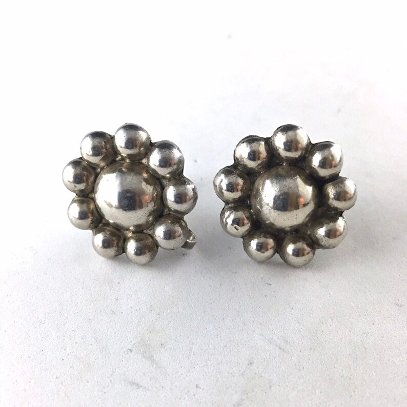 Sterling Silver Flower Earrings Unpierced Screwback Old Mexican Jewelry Vintage Boho Botanical