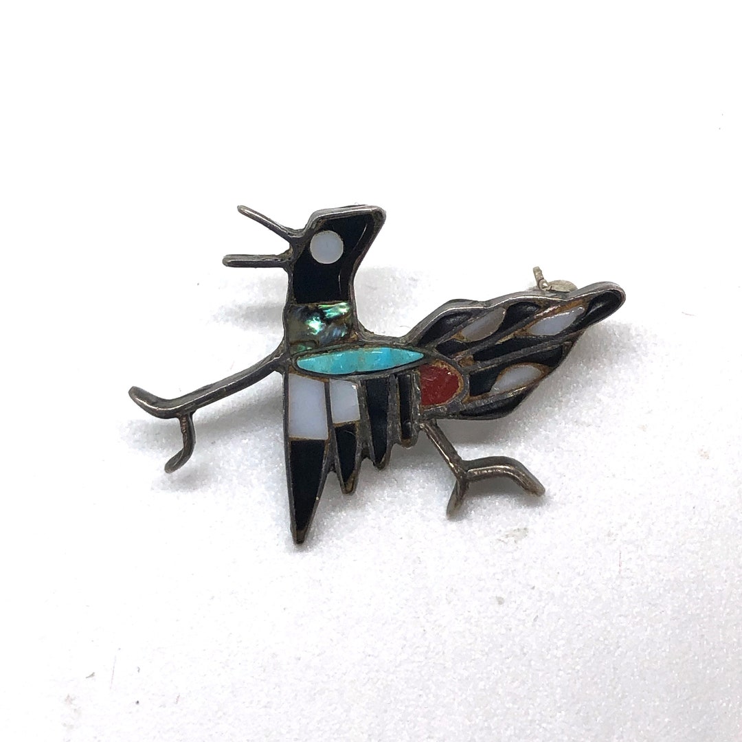 Zuni Roadrunner Pin Inlay Mosiac Sterling Silver Bird Brooch Etsy