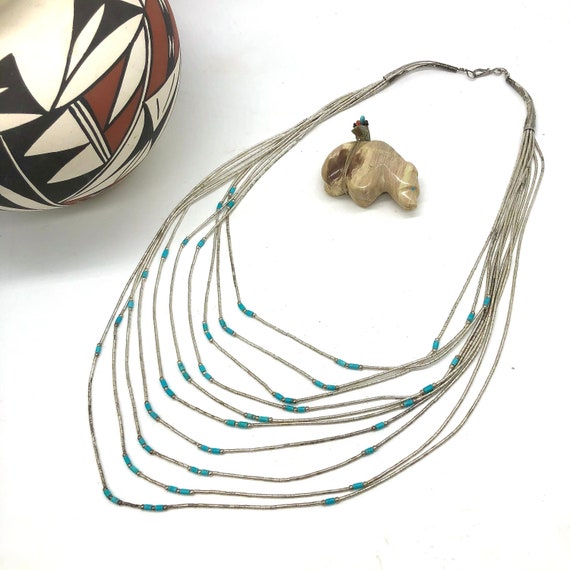 Turquoise Liquid Silver Heishi Statement Necklace… - image 2