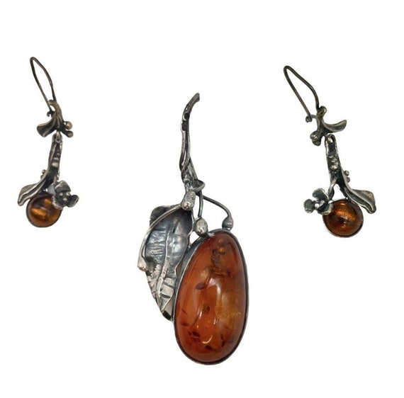 Art Nouveau Large Amber Pendant & Dangle Earrings in 925 Sterling Silver