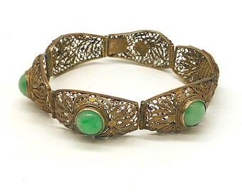 Chinese Export Jade Jadeite Sterling Silver Bracelet Gold Gilt Cannetille / Art Deco Jewelry