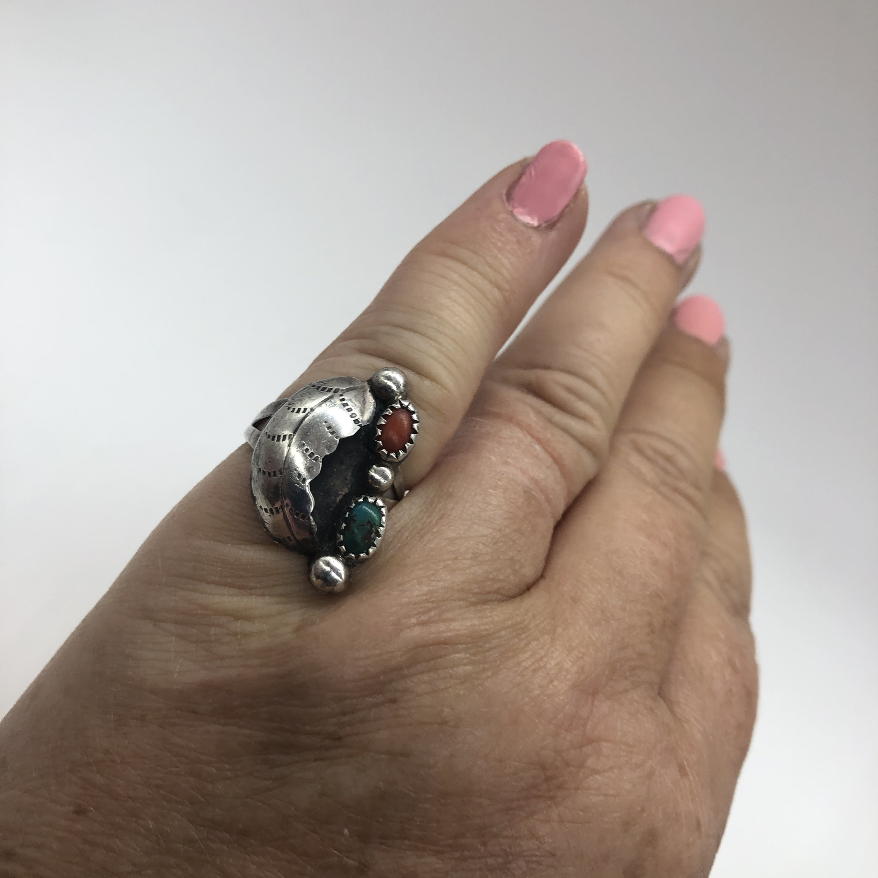 Vintage Navajo Turquoise Coral Ring in Sterling Silver, Size 6 - Etsy