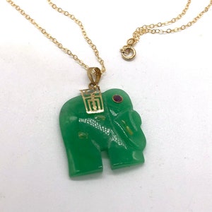 14k Gold Carved Jade Elephant Pendant Necklace with Garnet