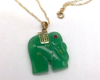 14k Gold Carved Jade Elephant Pendant Necklace with Garnet