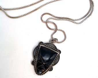 Carved Black Onyx Mask Necklace  Pendant 925 Sterling Silver Mexico Jewelry Face