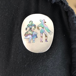 Handmade Abalone People Brooch / Necklace Pendant Sterling Silver Artist Signed A.P.D. Vintage Mexico Jewelry