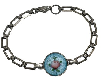 Antique AEF CO Sterling Silver Blue Guilloche Charm Bracelet with Hand painted Pink Rose