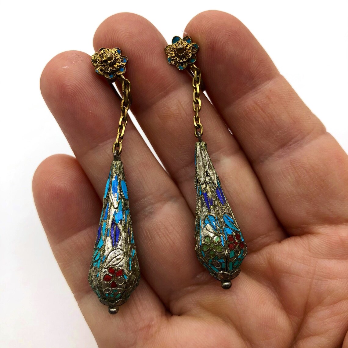 Antique Chinese Export Dangle Earrings Enamel Gilded Silver Etsy