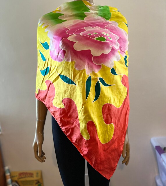 Oversized Floral Silk Scarf Orange Yellow Pink Gr… - image 3