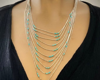 Turquoise Liquid Silver Heishi Statement Necklace 925 Sterling Layered Southwestern Jewelry