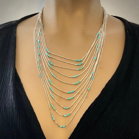 Turquoise Liquid Silver Heishi Statement Necklace… - image 1