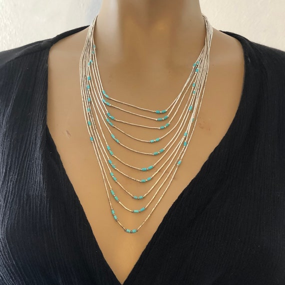 Turquoise Liquid Silver Heishi Statement Necklace… - image 4