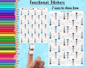 May include: Two sheets of stickers featuring illustrations of people wearing lab coats. The stickers are available in two sizes. The text on the stickers reads "Cindy Urry Design".
