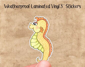 Yellow Seahorse Vinyl Laminated Sticker-Weatherproof Seahorse Sticker-Waterproof-Drink Container Car Laptop Decal-Scratchproof-Cindy Urry