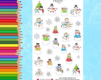 Könnte beinhalten: Eine Bogen mit dekorativen Aufklebern mit verschiedenen Schneemann-Designs. Die Aufkleber sind weiß mit bunten Akzenten und beinhalten Schneemänner mit Hüten, Schals und anderen Winteraccessoires. Der Bogen enthält auch Schneeflocken und einen Weihnachtsbaum. Der Text "Cindy Urry Design" und "Cheerful Artwork" ist auf dem Bogen enthalten.