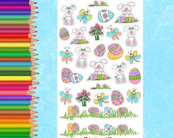 May include: A sheet of decorative Easter stickers featuring bunnies, eggs, flowers, and dragonflies. The stickers are white with a clear background. The text on the sheet reads "Decorative Stickers", "Easter Fun", "Cindy Urry Design", and "Cheerful Artwork".