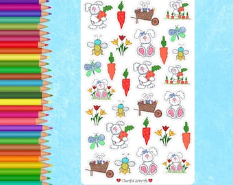 May include: A sheet of 20 decorative Easter stickers featuring white bunnies, carrots, butterflies, ladybugs, and flowers. The stickers are on a white background with a blue border. The text "Decorative Stickers" is at the top of the sheet, and the text "Cindy Urry Design" is in the middle of the sheet.