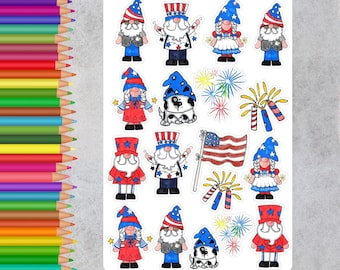 July 4th Gnome Stickers: Hand-Drawn Patriotic Planner Stickers