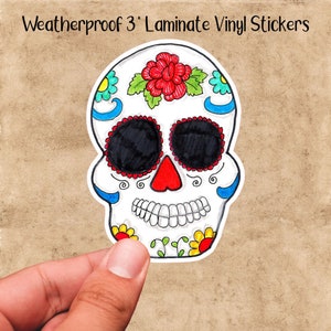 Sugar Skull 2 Vinyl Laminated Sticker-Weatherproof Halloween Decal-Day of the Dead-Drink Container Car Laptop Decal-Scratchproof-Cindy Urry
