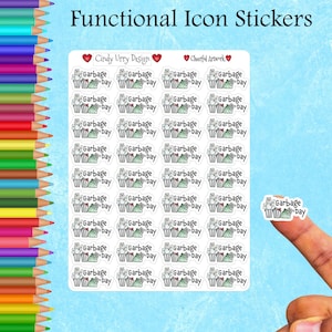 May include: A sheet of 24 white sticker labels with a cartoon illustration of a garbage can with the text "Garbage Day" on each label. The labels are arranged in a grid pattern. The labels are designed for use as functional icon stickers.