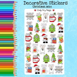 Christmas Mice Decorative Stickers, Cute Stickers for Bullet Journaling, All Planners, Gift Present, Santa Tree, Scrapbook, Art Cindy Urry