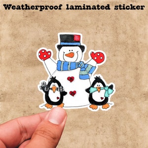 Snowman & Penguin Friends Sticker: Weatherproof Laminated Decal