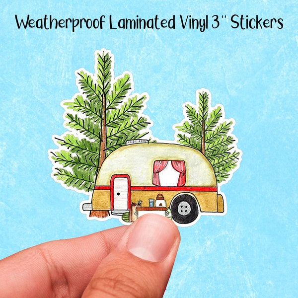Camping Vinyl Laminated Sticker-Cute Kawaii-Weatherproof-Decal for Drink Container-Scratchproof-Decorate Laptop-Camper Tent-Mountains Woods