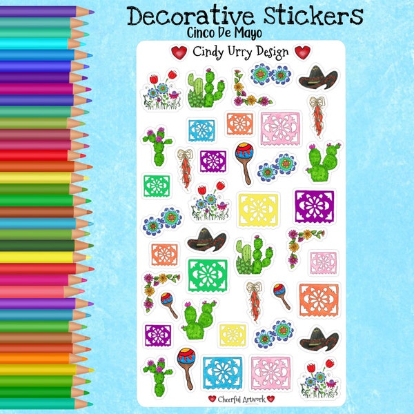 Cinco De Mayo Decorative Stickers. Cute Stickers for Bullet Journals and All Planners. Sticker Sheets to Decorate Scrapbooks and Calendars.