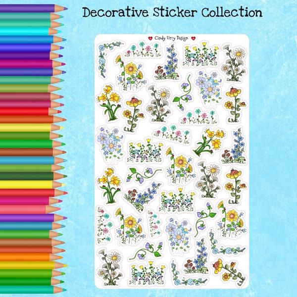 Flowers 1 Decorative Sticker, Bullet Journal, All Planner, Scrapbook and Calendar, Hand Drawn Cute colorful flowers. Art by Cindy Urry