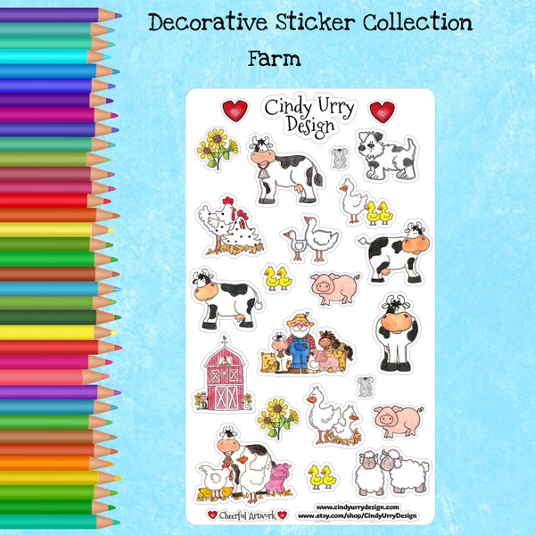 Farm Cute Stickers, Deco Sticker Sheet, Planner, Journal Sticker Sheet. Barn Cows, Dog, Sheep, Ducks, Chicks. By Cindy Urry.