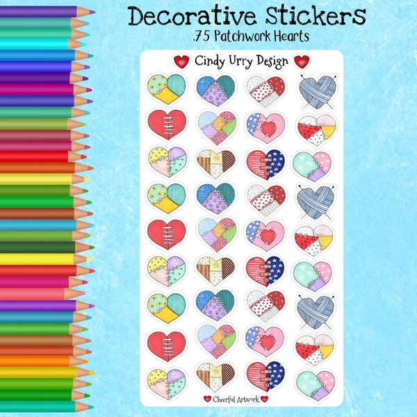 Colorful Patchwork Hearts Decorative Stickers. Cute for Bullet Journals and All Planners. Sticker Sheet to Decorate Scrapbook and Calendar