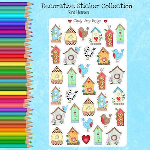 Bird Houses Decorative Sticker, Bullet Journal, All Planner, Scrapbook and Calendar, Hand Drawn with Colored Pencils, Art by Cindy Urry