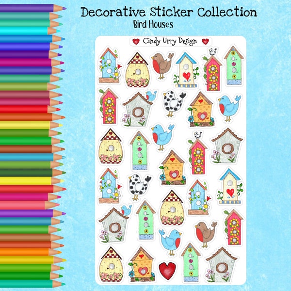 Bird Houses Decorative Sticker, Bullet Journal, All Planner, Scrapbook and Calendar, Hand Drawn with Colored Pencils, Art by Cindy Urry