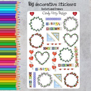 May include: A sheet of decorative stickers featuring wreaths, hearts, and borders in a variety of colors and patterns. The stickers are designed by Cindy Urry Design and are labeled "Big decorative Stickers, Footers and Frames".