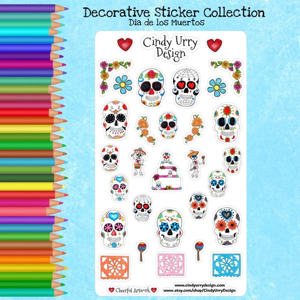 Día de los Muertos Cute Stickers, Planner Stickers, Bullet Journal Stickers, Sticker Sheet. Day of the Dead, Banner. By Cindy Urry.