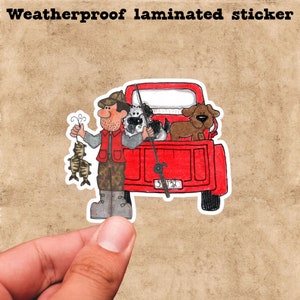 Fisherman & Dogs Red Truck Sticker: Weatherproof Laminated Decal