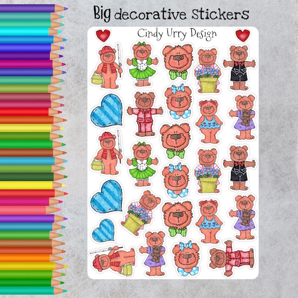 Bears Decorative Sticker. Bigger Sticker to Compliment Smaller Set. Journal, Planner, Scrapbook, Bears playful hearts Hand Drawn Artwork