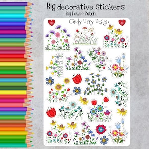 May include: A sheet of colorful flower stickers with a white background. The stickers feature a variety of flowers, including daisies, tulips, and lilies. The text "Big decorative Stickers" and "Big Flower Patch" is at the top of the sheet. The text "Cindy Urry Design" is in the center of the sheet.