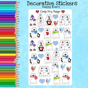 Happy Bears Decorative Stickers, Cute Stickers for Bullet Journaling, All Planners, Polar Bear Winter, Penguins Hearts, Art by Cindy Urry