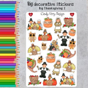 May include: A sheet of stickers featuring Thanksgiving-themed illustrations. The stickers include turkeys, pilgrims, pumpkins, owls, cornucopias, and the phrase "Give Thanks".