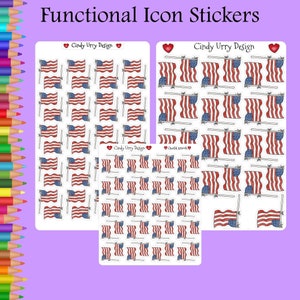 July 4th Flags Cute Functional Icon Reminder Stickers, Planner, Bullet Journal, Calendar Reminder, Kawaii icon sticker, Art by Cindy Urry