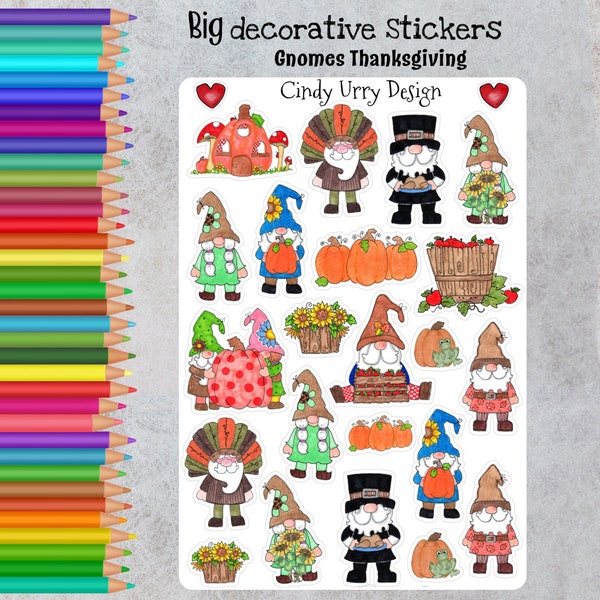 Gnome Thanksgiving Big Decor Sticker. Bigger Sticker to Compliment Smaller Sets. Journal, Planner, Scrapbook, Envelopes, Hand Drawn Artwork
