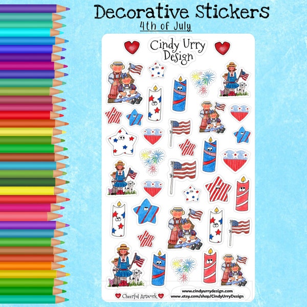 4th of July Cute Decorative Stickers-Use for planners, Journals, and scrapbooks-Independence Day Sticker Sheet-Firework-Stars-By Cindy Urry.