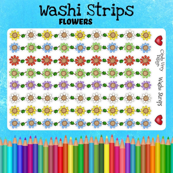 Colorful Flower Vine Washi Strips. Cute Strips, Bullet Journals and All Planners, Decorate Scrapbooks and Calendars Art by Cindy Urry